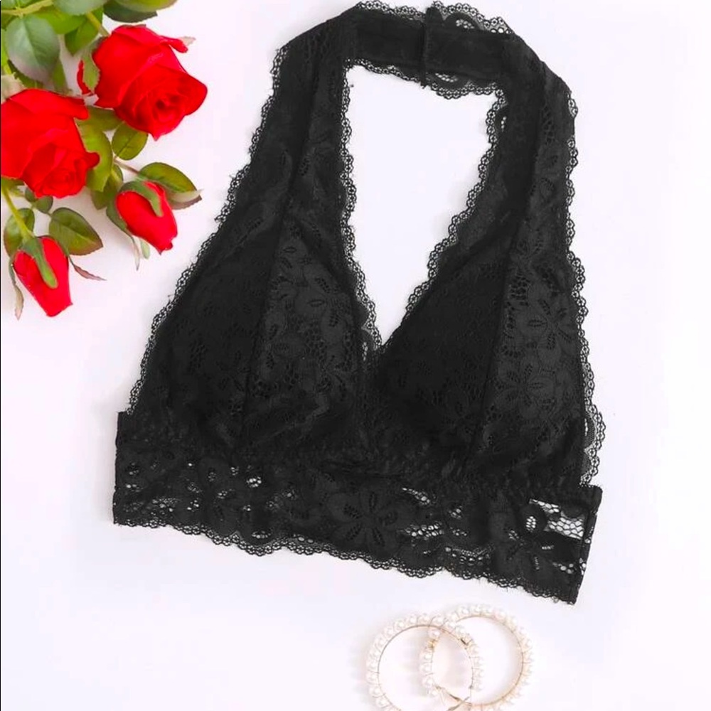 BLACK FLORAL LACE HALTER BRALETTE - Picture 1 of 7